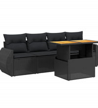 5-tlg. Garten-Sofagarnitur mit Kissen Schwarz Poly Rattan