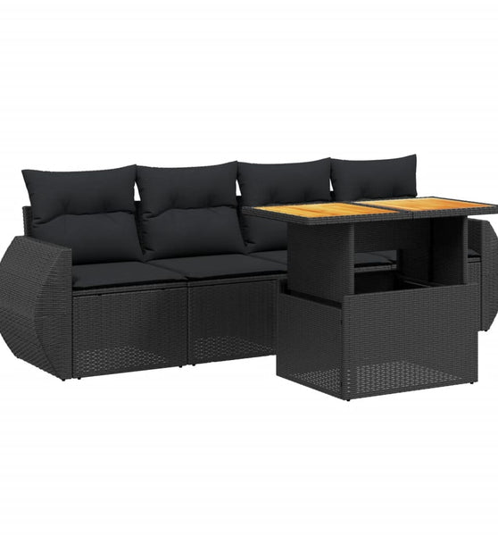 5-tlg. Garten-Sofagarnitur mit Kissen Schwarz Poly Rattan