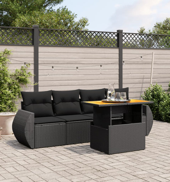5-tlg. Garten-Sofagarnitur mit Kissen Schwarz Poly Rattan