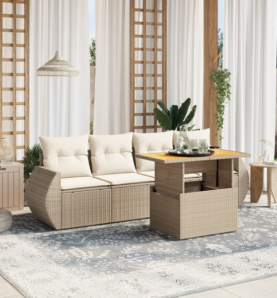 5-tlg. Garten-Sofagarnitur mit Kissen Beige Poly Rattan