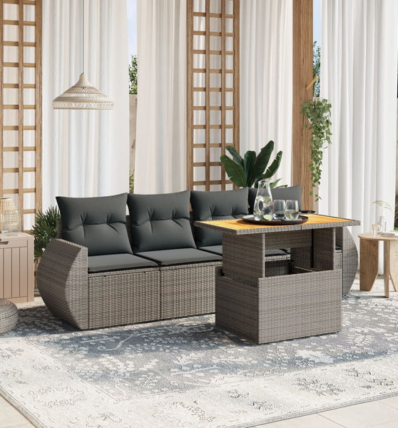 5-tlg. Garten-Sofagarnitur mit Kissen Grau Poly Rattan