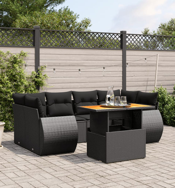 7-tlg. Garten-Sofagarnitur mit Kissen Schwarz Poly Rattan