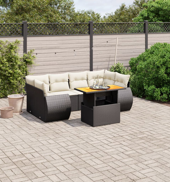 7-tlg. Garten-Sofagarnitur mit Kissen Schwarz Poly Rattan