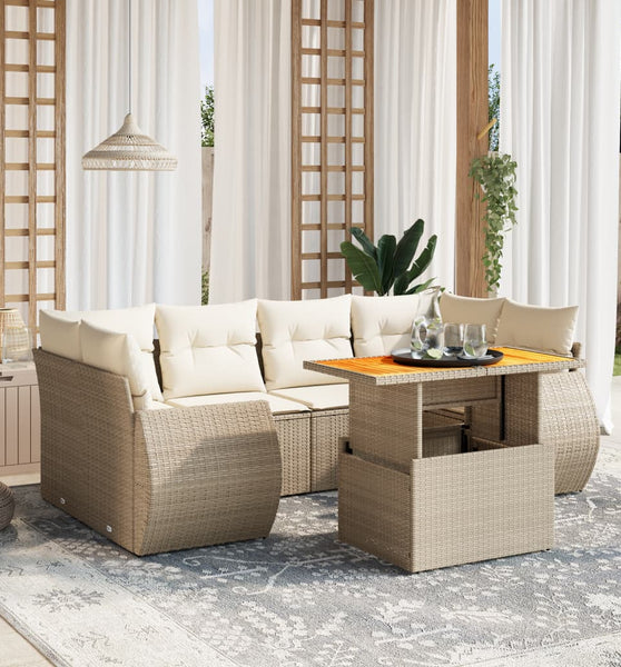 7-tlg. Garten-Sofagarnitur mit Kissen Beige Poly Rattan