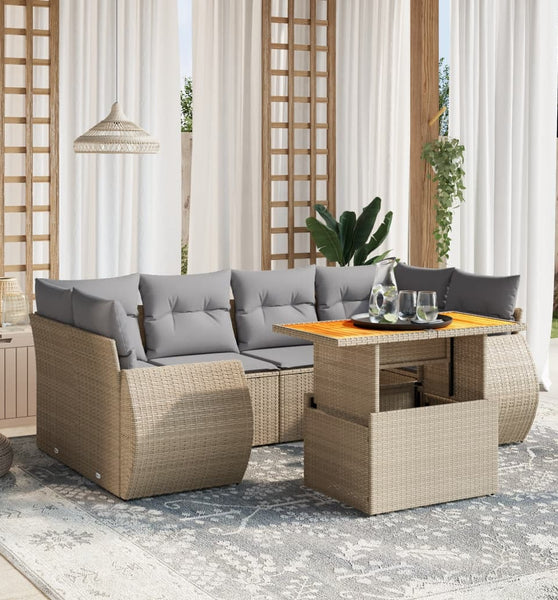 7-tlg. Garten-Sofagarnitur mit Kissen Beige Poly Rattan