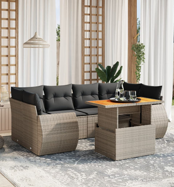 7-tlg. Garten-Sofagarnitur mit Kissen Grau Poly Rattan