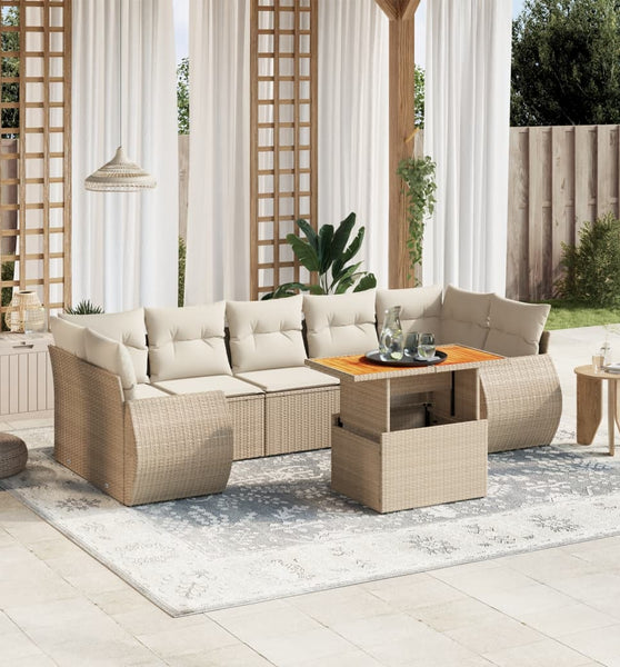 8-tlg. Garten-Sofagarnitur mit Kissen Beige Poly Rattan