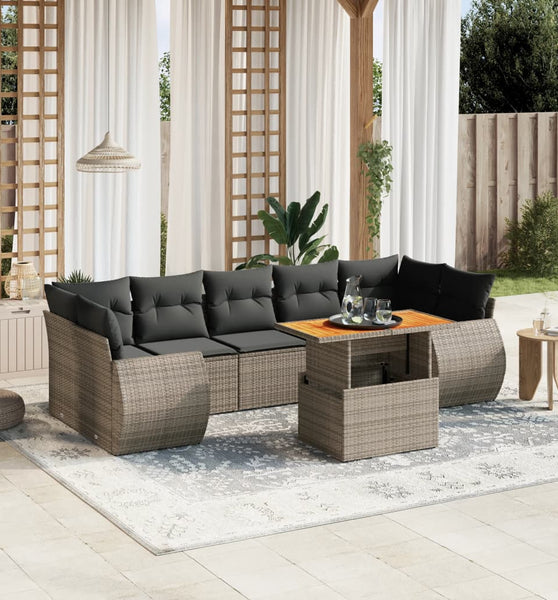 8-tlg. Garten-Sofagarnitur mit Kissen Grau Poly Rattan