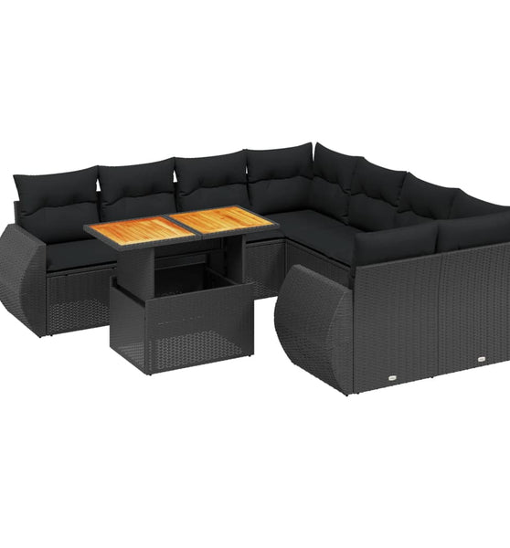 9-tlg. Garten-Sofagarnitur mit Kissen Schwarz Poly Rattan