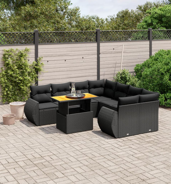 9-tlg. Garten-Sofagarnitur mit Kissen Schwarz Poly Rattan