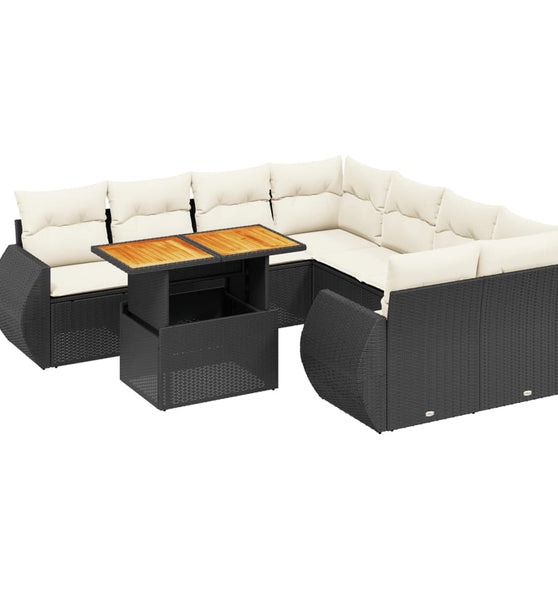 9-tlg. Garten-Sofagarnitur mit Kissen Schwarz Poly Rattan