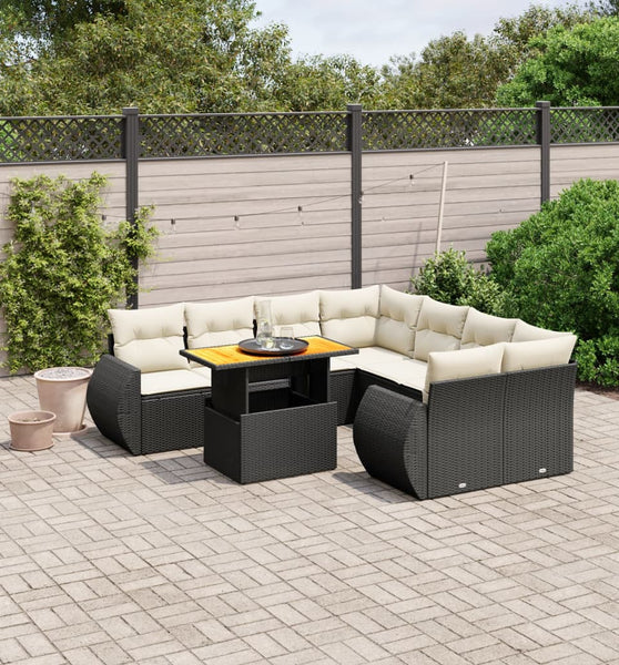 9-tlg. Garten-Sofagarnitur mit Kissen Schwarz Poly Rattan