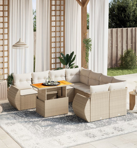 9-tlg. Garten-Sofagarnitur mit Kissen Beige Poly Rattan