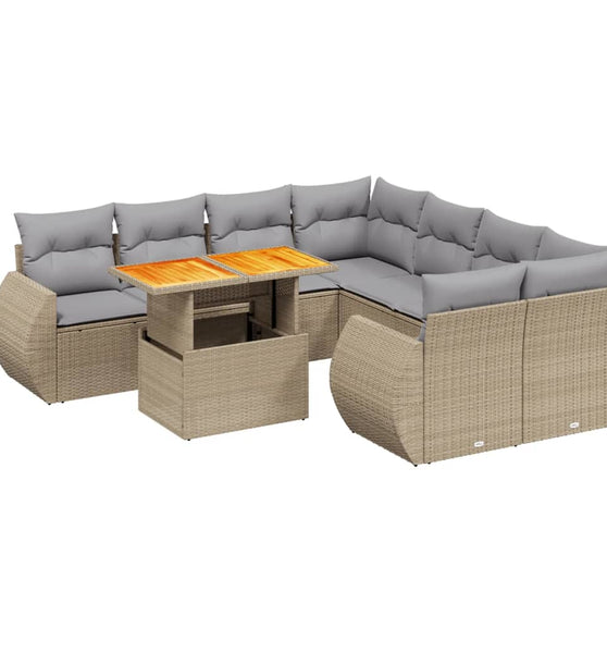 9-tlg. Garten-Sofagarnitur mit Kissen Beige Poly Rattan