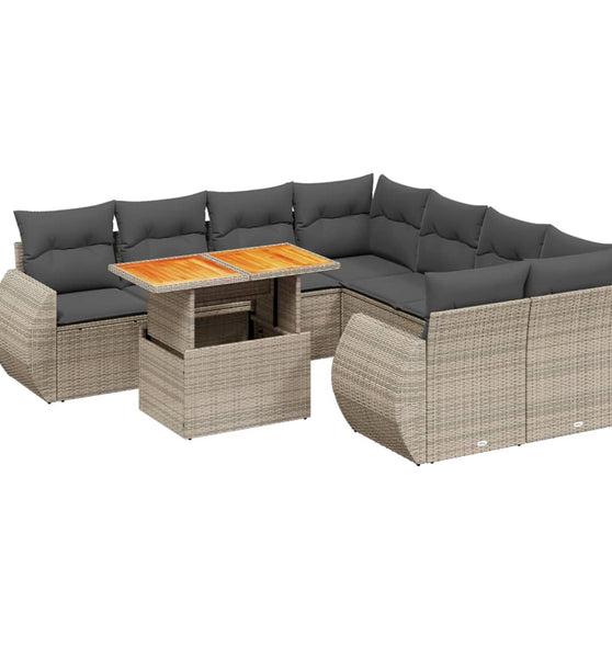 9-tlg. Garten-Sofagarnitur mit Kissen Grau Poly Rattan