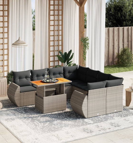 9-tlg. Garten-Sofagarnitur mit Kissen Grau Poly Rattan