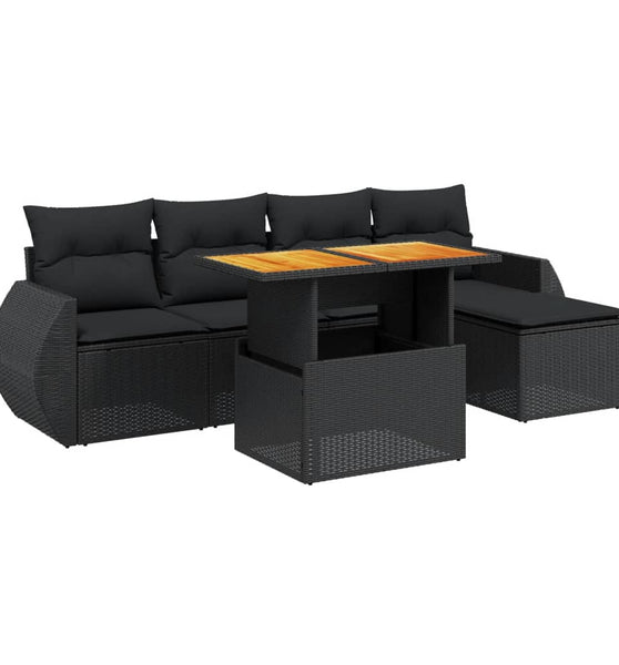 6-tlg. Garten-Sofagarnitur mit Kissen Schwarz Poly Rattan
