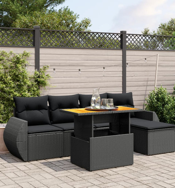 6-tlg. Garten-Sofagarnitur mit Kissen Schwarz Poly Rattan