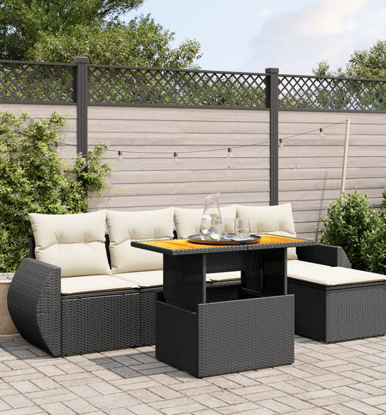 6-tlg. Garten-Sofagarnitur mit Kissen Schwarz Poly Rattan