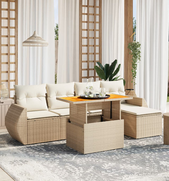6-tlg. Garten-Sofagarnitur mit Kissen Beige Poly Rattan