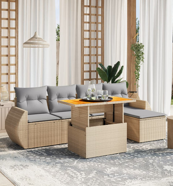6-tlg. Garten-Sofagarnitur mit Kissen Beige Poly Rattan