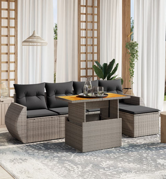 6-tlg. Garten-Sofagarnitur mit Kissen Grau Poly Rattan