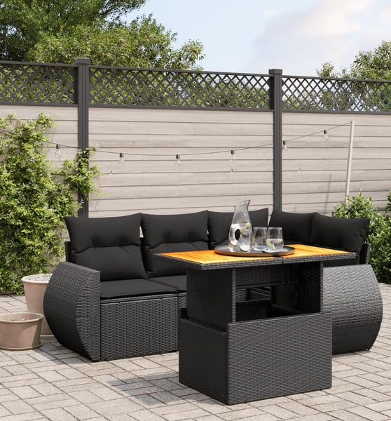 5-tlg. Garten-Sofagarnitur mit Kissen Schwarz Poly Rattan