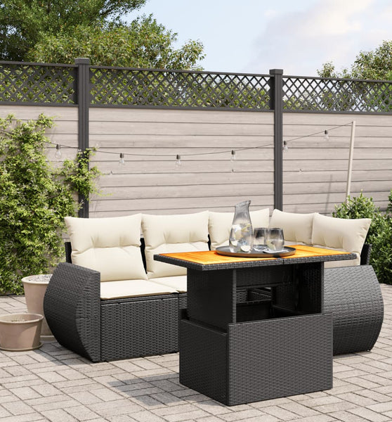 5-tlg. Garten-Sofagarnitur mit Kissen Schwarz Poly Rattan
