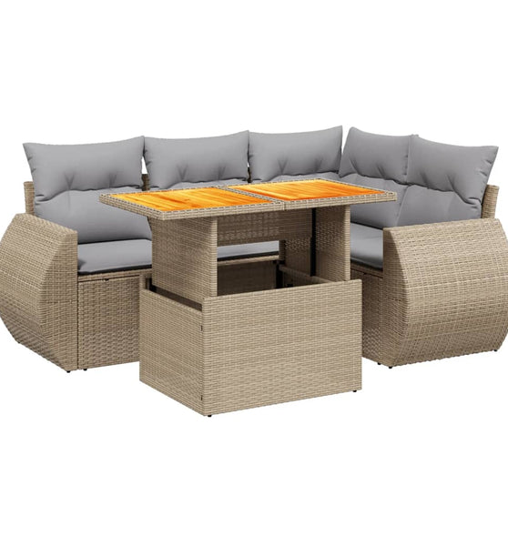 5-tlg. Garten-Sofagarnitur mit Kissen Beige Poly Rattan