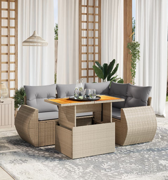 5-tlg. Garten-Sofagarnitur mit Kissen Beige Poly Rattan