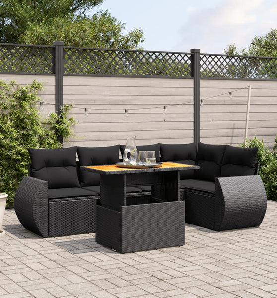 6-tlg. Garten-Sofagarnitur mit Kissen Schwarz Poly Rattan