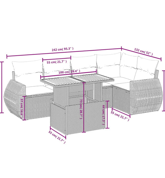 6-tlg. Garten-Sofagarnitur mit Kissen Beige Poly Rattan