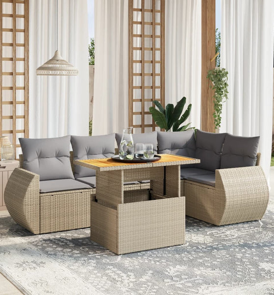 6-tlg. Garten-Sofagarnitur mit Kissen Beige Poly Rattan