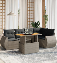 6-tlg. Garten-Sofagarnitur mit Kissen Grau Poly Rattan