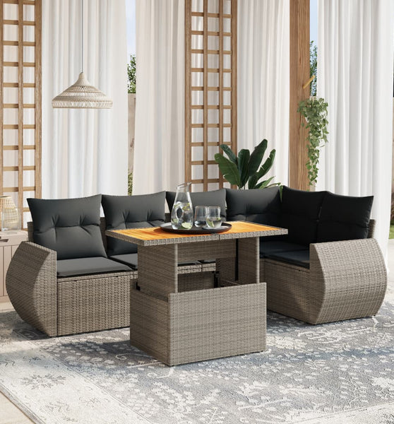 6-tlg. Garten-Sofagarnitur mit Kissen Grau Poly Rattan