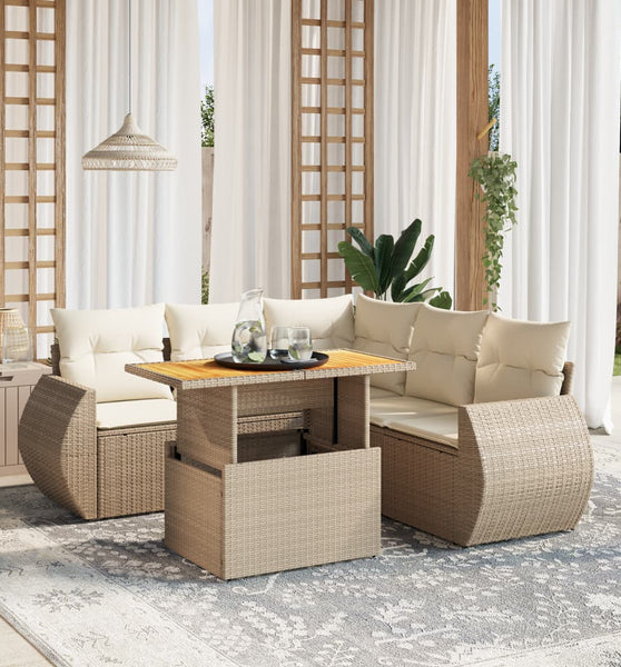6-tlg. Garten-Sofagarnitur mit Kissen Beige Poly Rattan