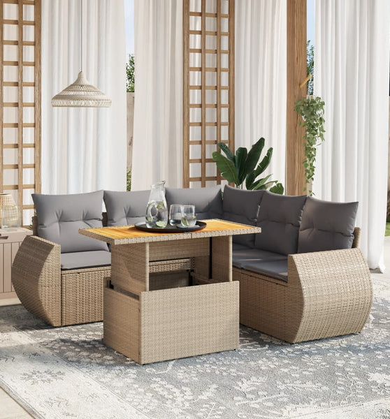 6-tlg. Garten-Sofagarnitur mit Kissen Beige Poly Rattan