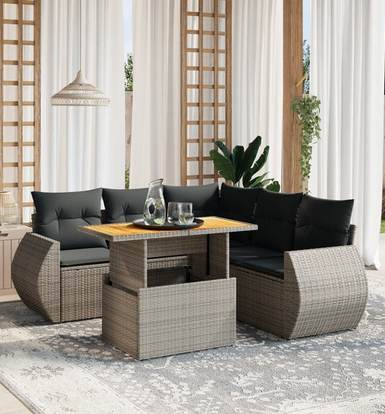 6-tlg. Garten-Sofagarnitur mit Kissen Grau Poly Rattan