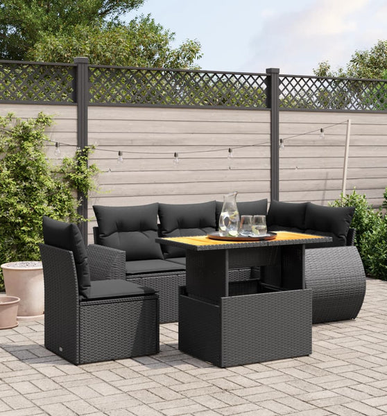 6-tlg. Garten-Sofagarnitur mit Kissen Schwarz Poly Rattan
