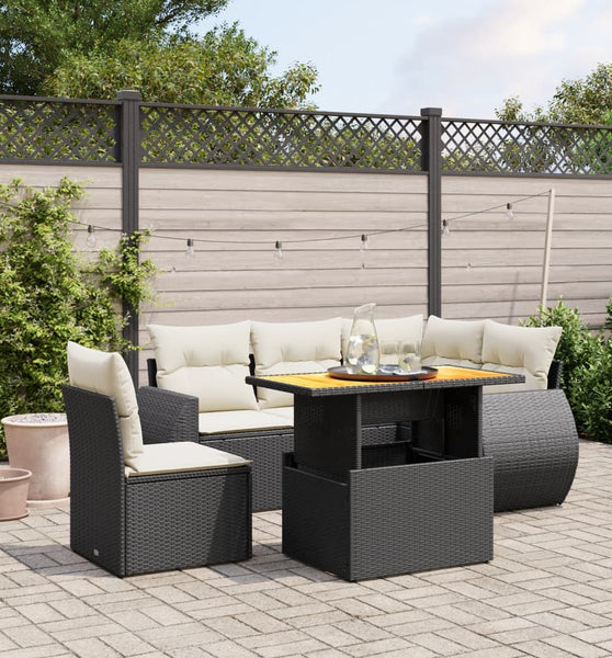 6-tlg. Garten-Sofagarnitur mit Kissen Schwarz Poly Rattan