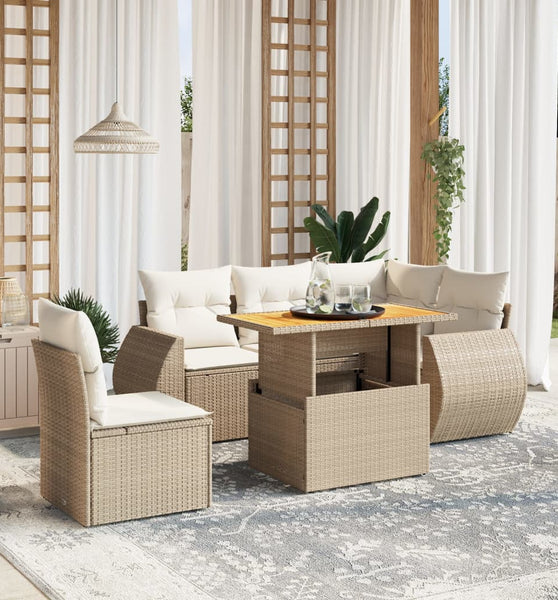6-tlg. Garten-Sofagarnitur mit Kissen Beige Poly Rattan