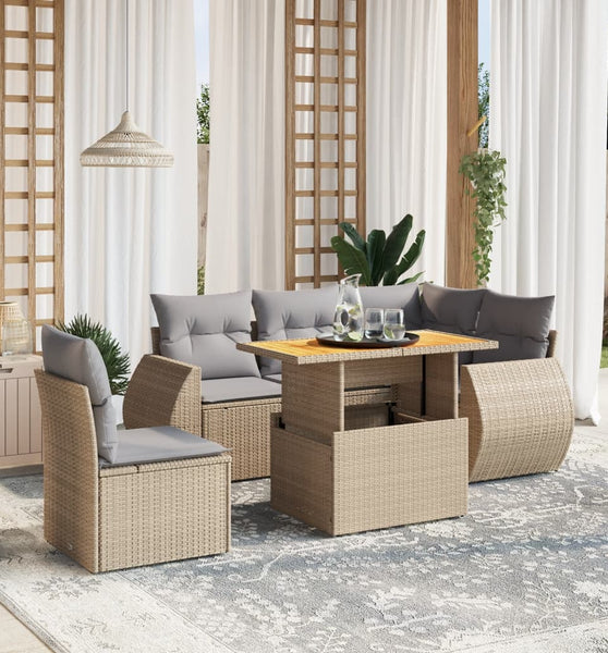 6-tlg. Garten-Sofagarnitur mit Kissen Beige Poly Rattan