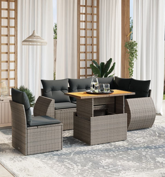 6-tlg. Garten-Sofagarnitur mit Kissen Grau Poly Rattan