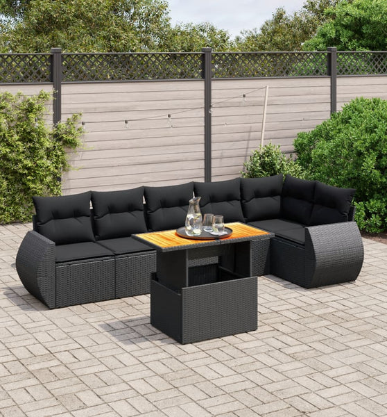 7-tlg. Garten-Sofagarnitur mit Kissen Schwarz Poly Rattan