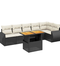 7-tlg. Garten-Sofagarnitur mit Kissen Schwarz Poly Rattan