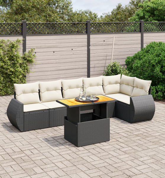 7-tlg. Garten-Sofagarnitur mit Kissen Schwarz Poly Rattan