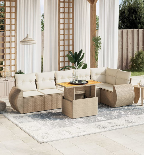 7-tlg. Garten-Sofagarnitur mit Kissen Beige Poly Rattan