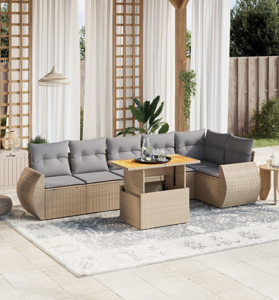 7-tlg. Garten-Sofagarnitur mit Kissen Beige Poly Rattan