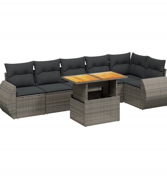7-tlg. Garten-Sofagarnitur mit Kissen Grau Poly Rattan