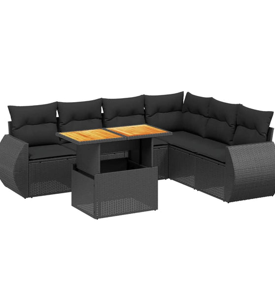 7-tlg. Garten-Sofagarnitur mit Kissen Schwarz Poly Rattan